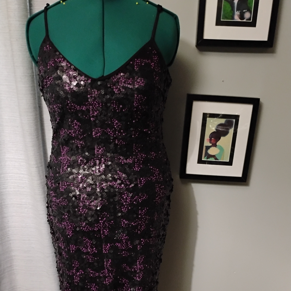 Dress The Population Nina Sequin Midi Dress, Sz XL Purple & Black - Picture 5 of 13